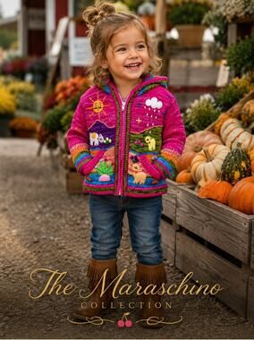 JB Crafts Peru Kids Size 2 Wool Cardigan Sweater Pink Animal Applique Hooded